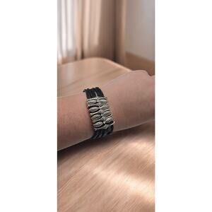 Multi-Strand Black Bracelet with Silver Accents and Magnetic Clasp